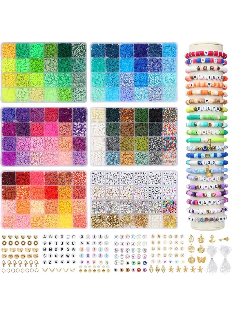 Capstro 16600PCS Clay Beads Bracelet Making Kit – 120 Colors Flat Polymer Heishi Beads Set with Letter Beads, Charms & Elastic String, DIY Bracelet Making Kit for Kids, Girls & Teens – 120 Colors - Image 1