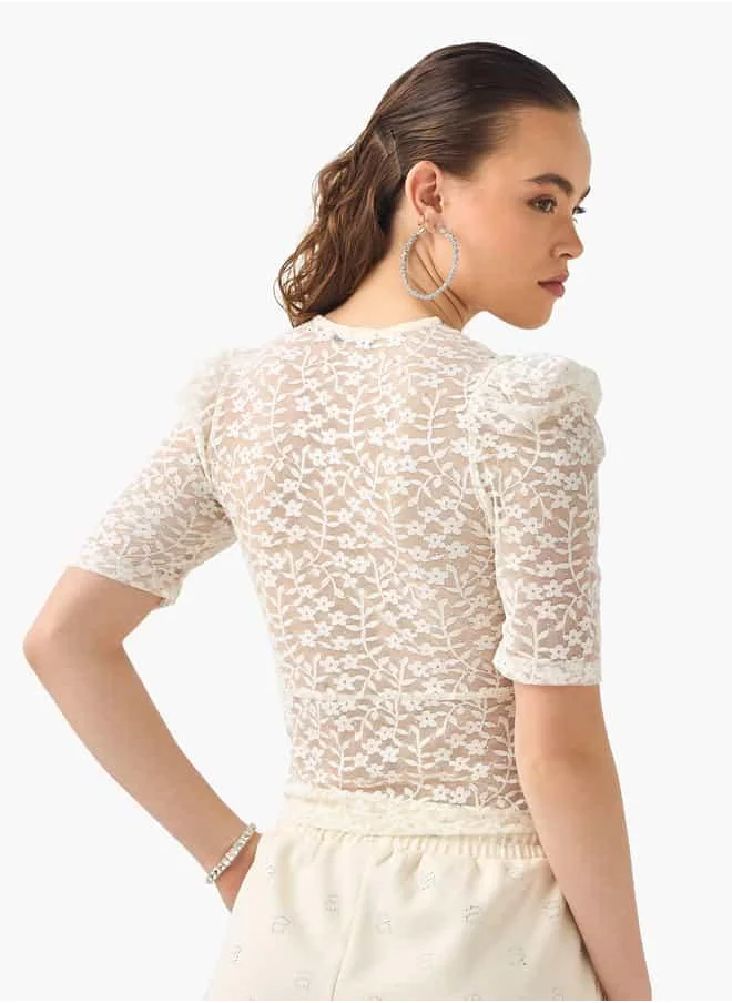 2Xtremz 2Xtremz Flower Lace Sheer Top with Button Closure and Puff Sleeves