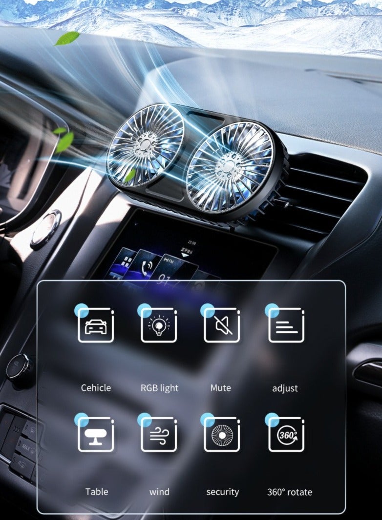 Generic 5V USB Car Fan for Air Vent Mounted with Colorful Light, Double Head Fan，360° Rotatable Portable Clip Fans That Blow Cold Air, Small Cooler Mini Fan Silent, Air Vent Booster for Vehicle, Van, Truck, Suv, Rv  - Image 2