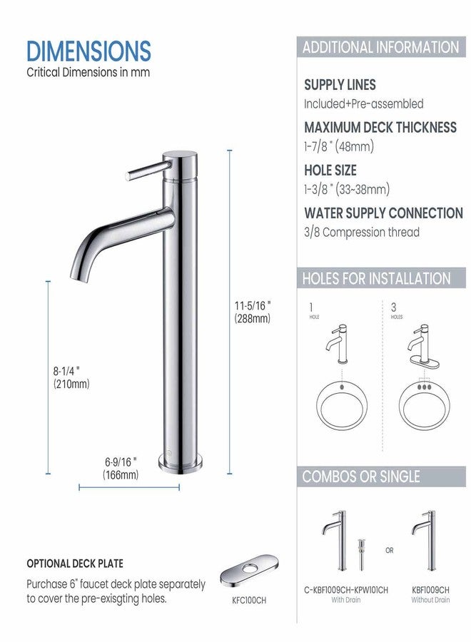 كيبي صنبور KIBI KBF1009 دائري من النحاس الصلب بمقبض واحد وفتحة واحدة لحوض الحمام | تصميم صنبور عالي القوس | مقاوم للتآكل والصدأ | مطلي بالكروم - Image 3