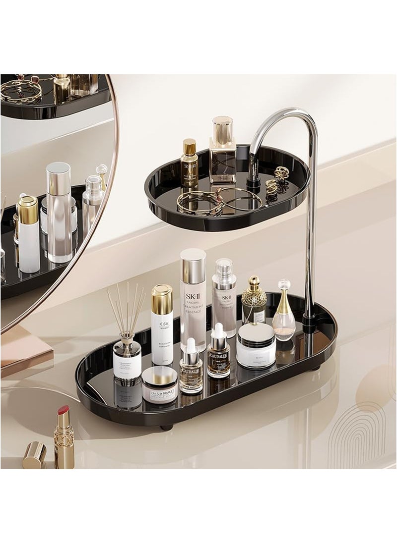 Hihonor Bathroom Countertop Vanity Tray 2 Tiers Sink Trays Cosmetic Storage Organizer for Dresser Soap Dispenser Sponge Holder Standing Perfume Tray for Bedroom Decor (Black)  - Image 1