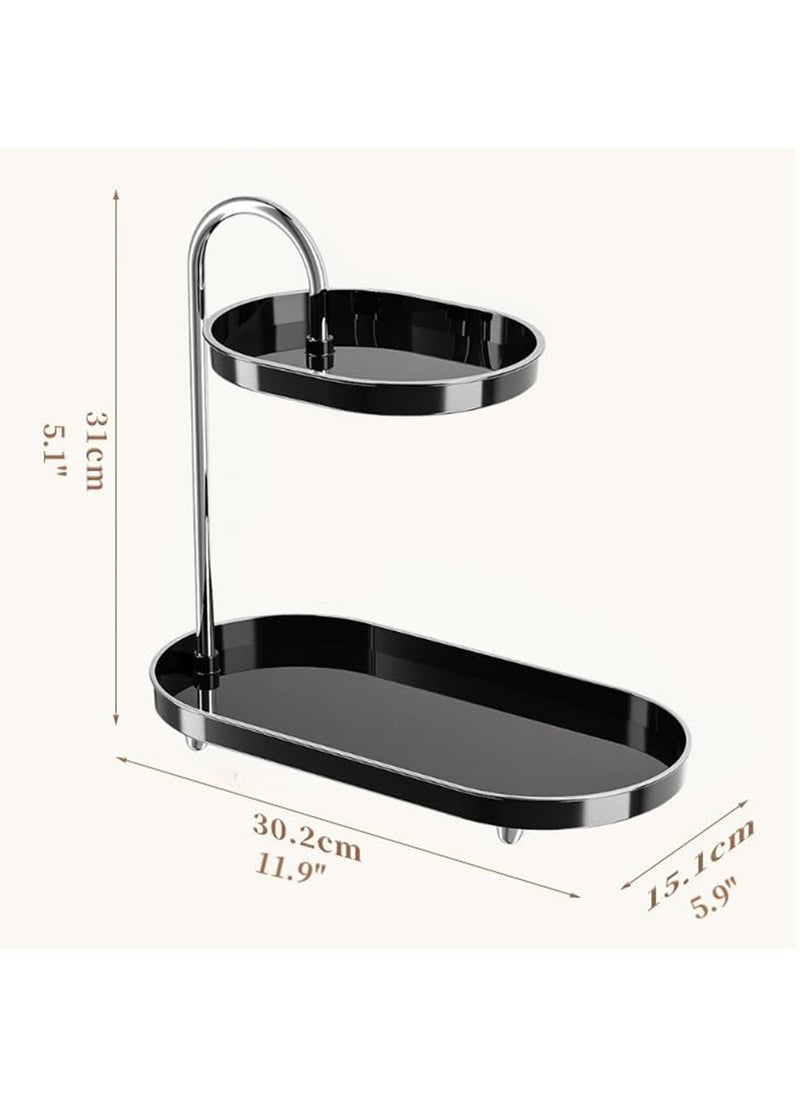 Hihonor Bathroom Countertop Vanity Tray 2 Tiers Sink Trays Cosmetic Storage Organizer for Dresser Soap Dispenser Sponge Holder Standing Perfume Tray for Bedroom Decor (Black)  - Image 2