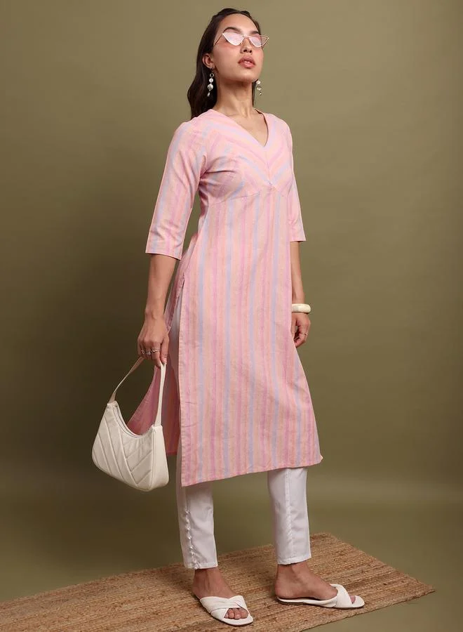 Vishudh Vishudh Women Striped V-Neck Cotton Kurta