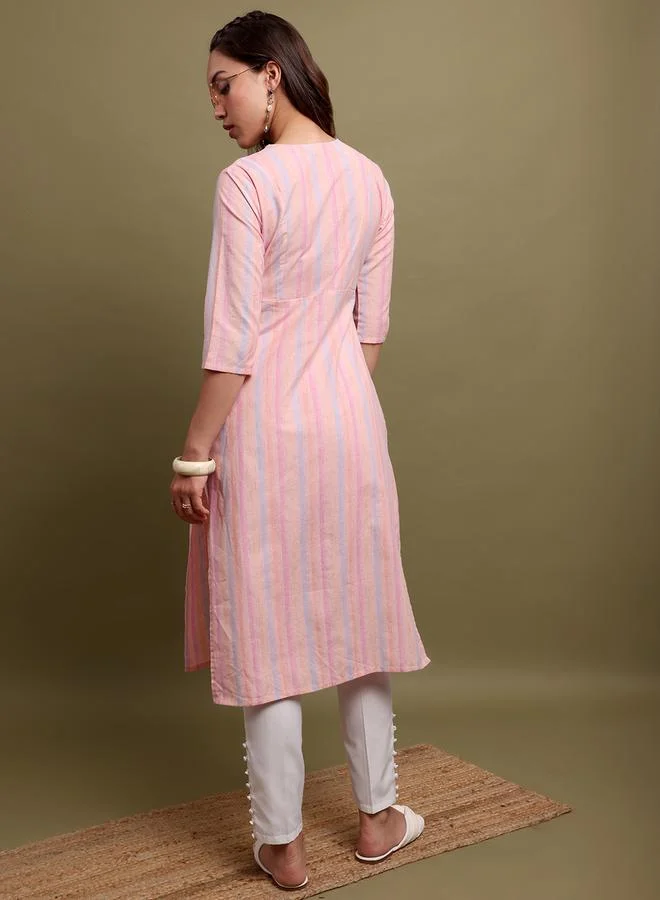 Vishudh Vishudh Women Striped V-Neck Cotton Kurta