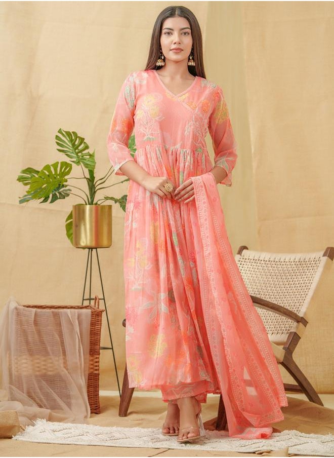 DW Floral Printed A-Line Kurta with Palazzos and Dupatta Set by Styli  - Image 1