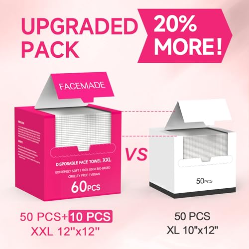 FACEMADE 60 Count XXL Disposable Face Towels 12" × 12", 100% USDA Biobased Face Towelettes Disposable, Clean Facial Towels for Makeup and Clean Skin, Super Soft and Thick Dry Wipes Club - Image 5