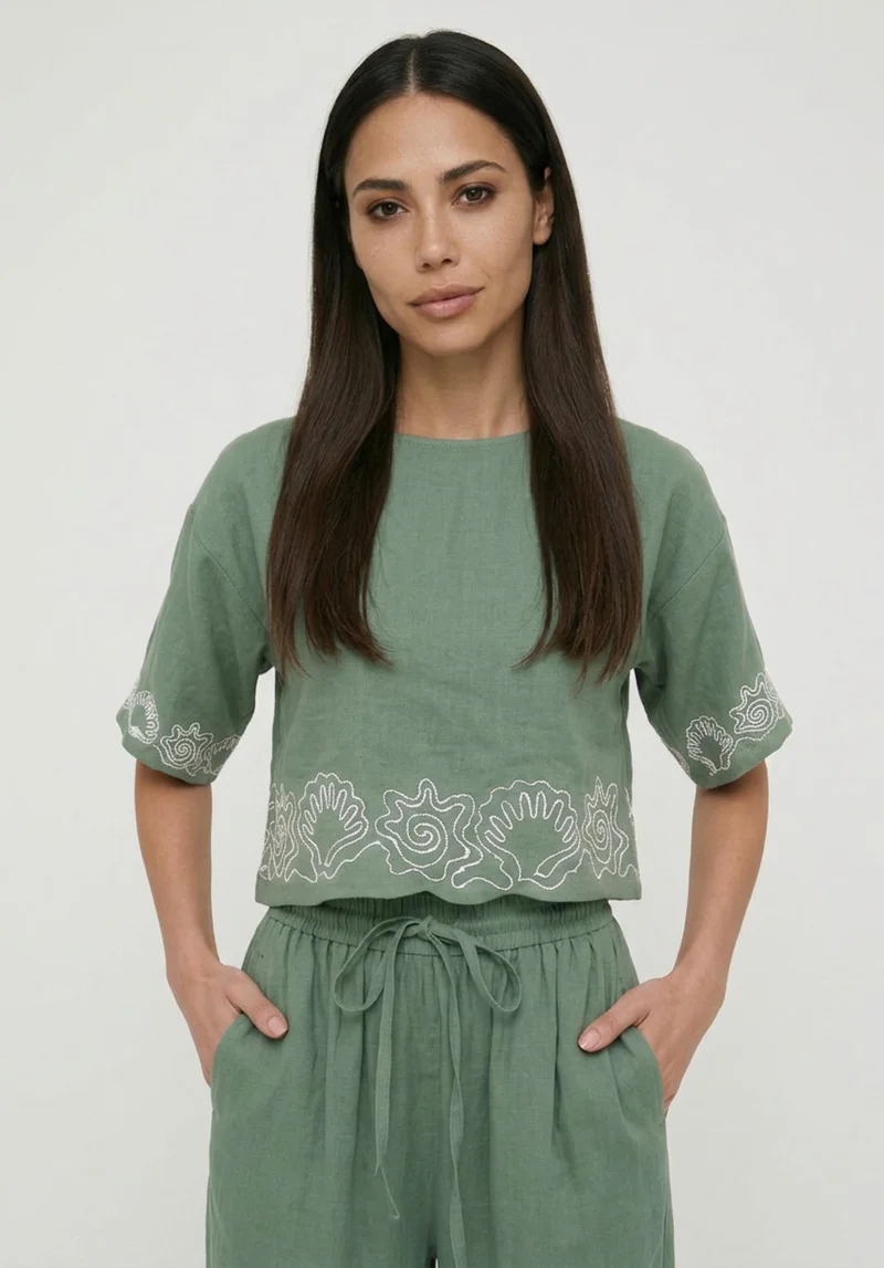 رافاي Milly Embroidered Split Open Back Blouse In Sage Green