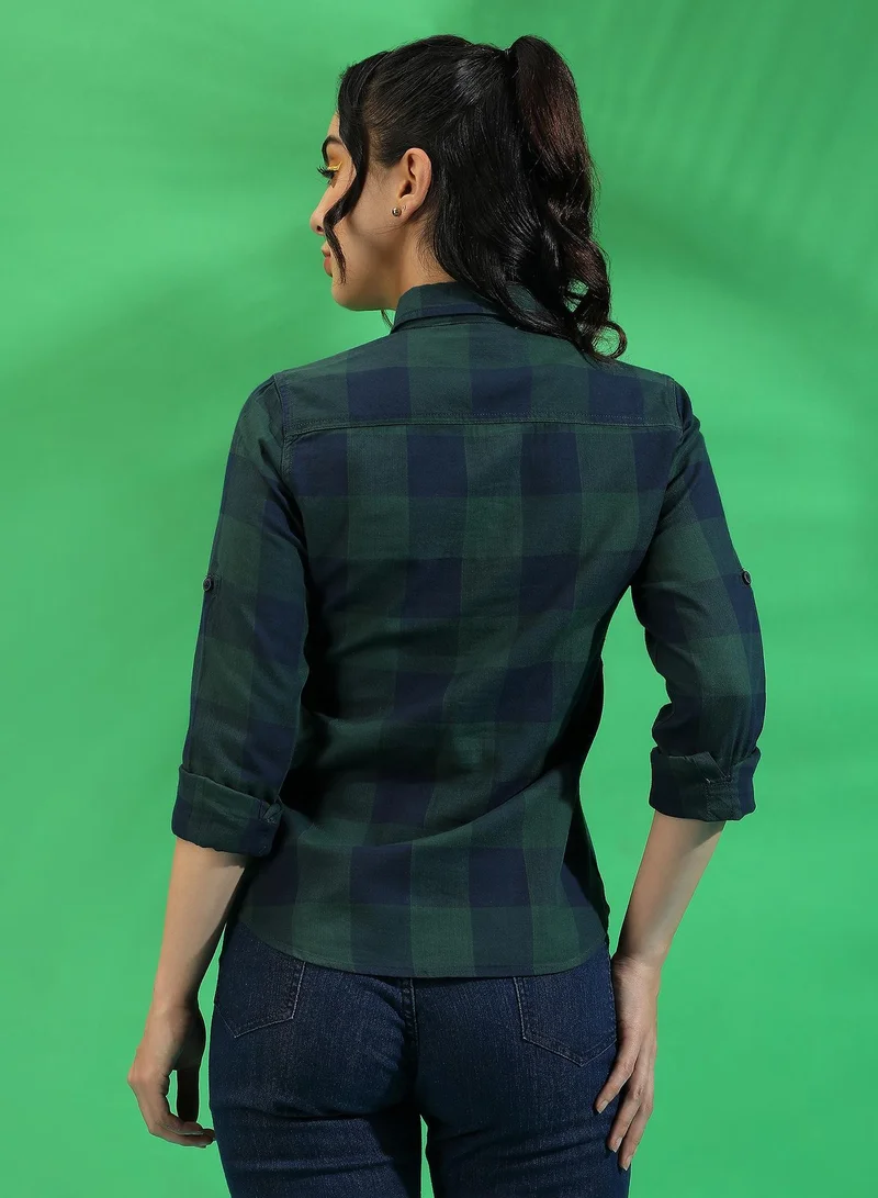 Campus Sutra Women's Multicolour Checkered Regular Fit Shirt | نساء | أكمام طويلة | كاروهات | كاجوال | قميص | طوق منتشر
