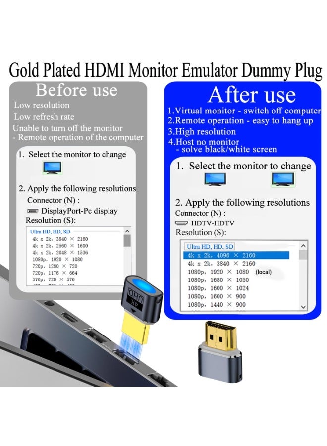 [قطعتان] طقم قابس HDMI وهمي بشاشة رأسية بدقة 4K – قطعة بضوء LED + قطعة بدون ضوء مع سلسلة مفاتيح – محاكي شاشة افتراضية يدعم 4K@60Hz UHD EDID – لأنظمة الكمبيوتر عن بعد والأنظمة الرأسية والألعاب - Image 4