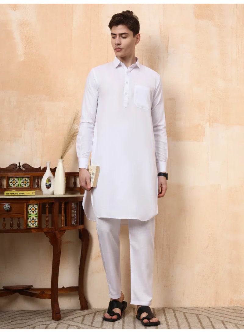 Devoiler Mens White Cotton Pathani Kurta Set - Image 1