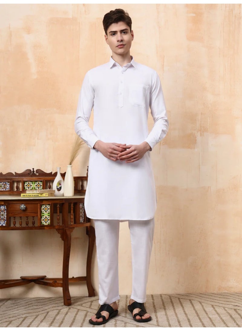 Devoiler Mens White Cotton Pathani Kurta Set - Image 5