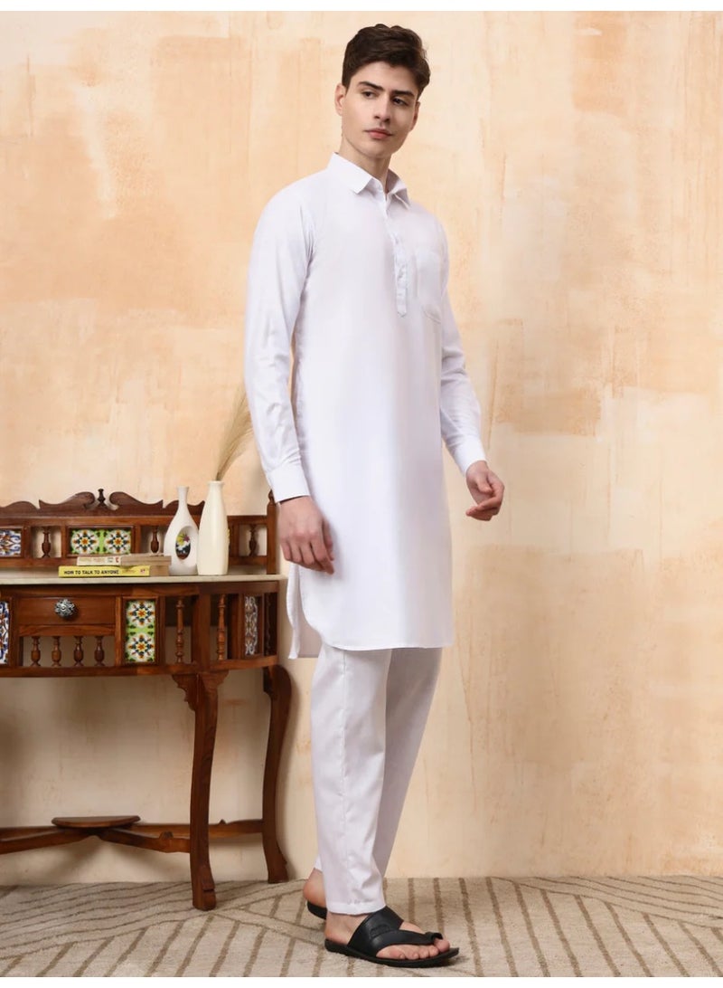 Devoiler Mens White Cotton Pathani Kurta Set - Image 4