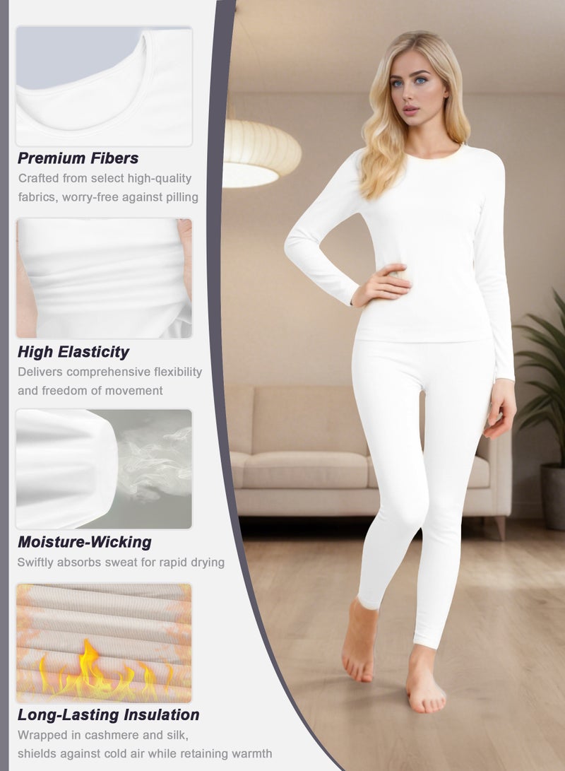 Necomi Women's Thermal Underwear Set, featuring a fleece-lined long-sleeve base layer top and matching pants. Includes a wool-lined base layer pajama set, suitable for everyday wear and outdoor activities such as running, work, skiing, hiking, and walking. (White) - Image 2