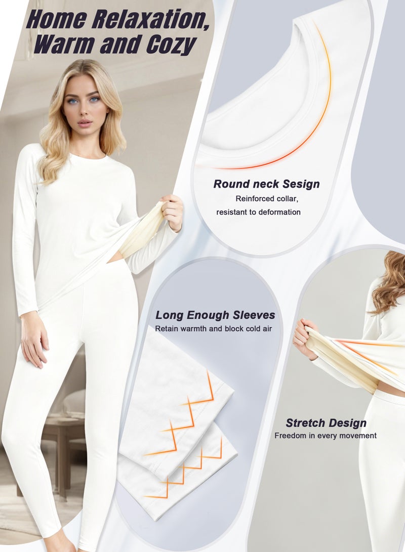 Necomi Women's Thermal Underwear Set, featuring a fleece-lined long-sleeve base layer top and matching pants. Includes a wool-lined base layer pajama set, suitable for everyday wear and outdoor activities such as running, work, skiing, hiking, and walking. (White) - Image 4