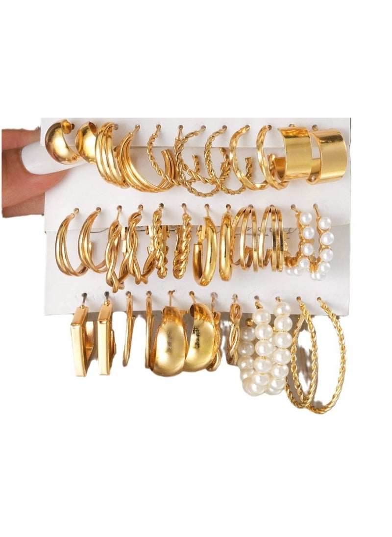 Huitich 18-Pair Gold Colour Tone Hoop Earrings Set Assorted Sizes & Designs  - Image 1