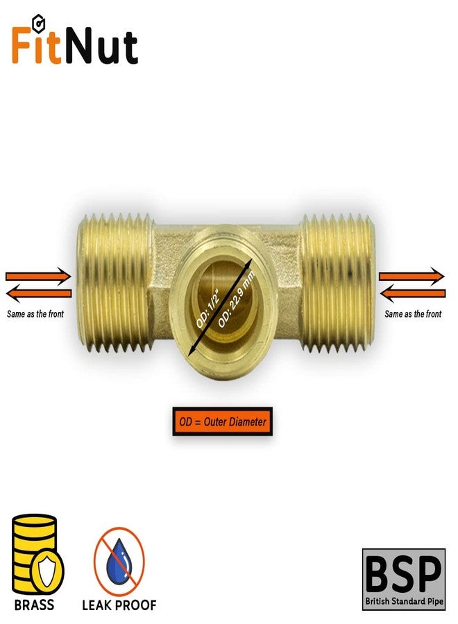 وصلة أنبوب نحاسية ذكرية من FitNut مقاس 1/2 بوصة BSP ثلاثية الاتجاهات | وصلة أنثى BSP مقاس 1/2 بوصة × 1/2 بوصة × 1/2 بوصة | عبوة من قطعة واحدة | - Image 2