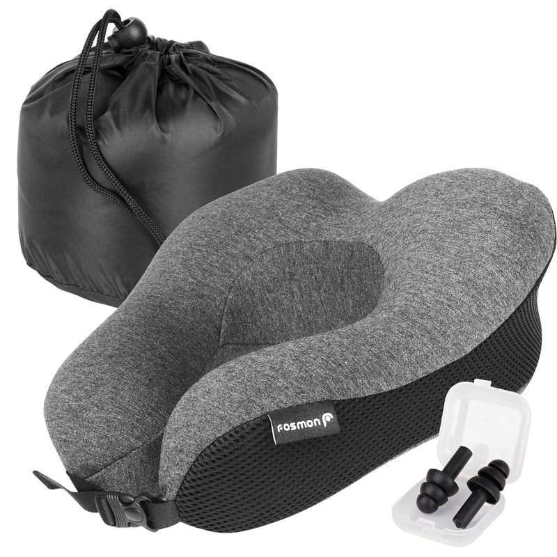 Fosmon Travel Neck Pillow with Earplugs Storage Bag Soft and Comfortable Memory Foam Cushion Head Chin Contour Support Machine Washable 100 Cotton Cover for Traveling Flying Airplane Car Bus