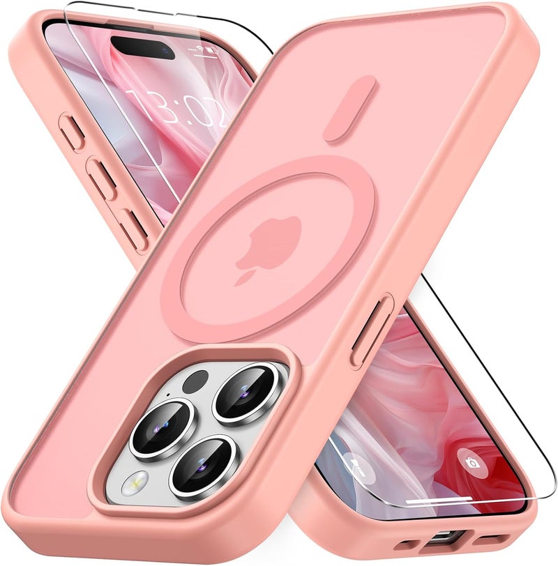 Vansdon Magnetic for iPhone 15 Pro Case with 1 Protective Glass, Compatible with Magsafe, Military Standard Drop Protection, Translucent Matte Back, Shockproof Mobile Phone Case, Pink - Image 1