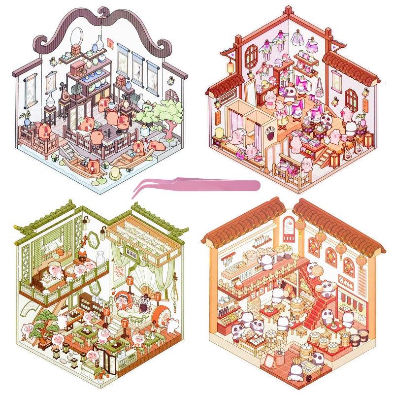 4 Sets Animals Vintage 3D Sticker Scene 3D Miniature Scene with Tweezers Make Your Own House Capybara Stickers