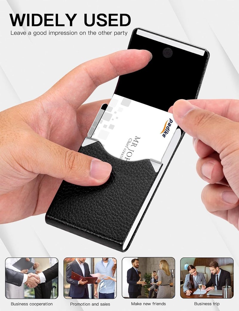 Padike Professional Business Card Holder PU Leather Business Card Case Name Card Holder Slim Metal Pocket Card Holder with Magnetic Shut (Black) - Image 5