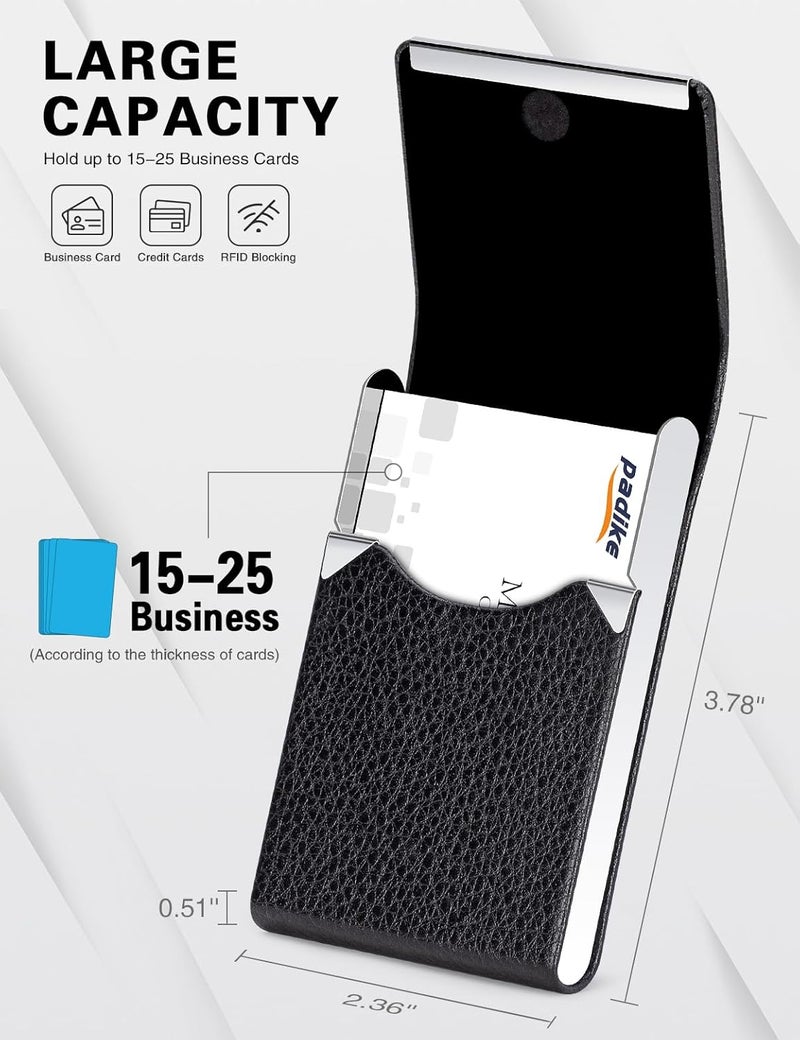 Padike Professional Business Card Holder PU Leather Business Card Case Name Card Holder Slim Metal Pocket Card Holder with Magnetic Shut (Black) - Image 4