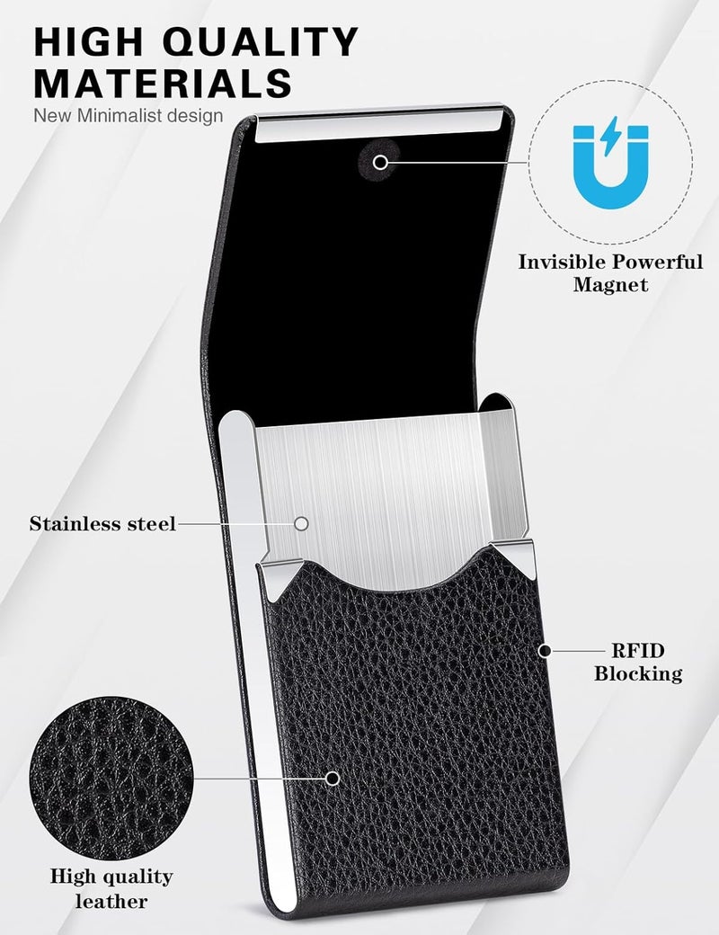 Padike Professional Business Card Holder PU Leather Business Card Case Name Card Holder Slim Metal Pocket Card Holder with Magnetic Shut (Black) - Image 2