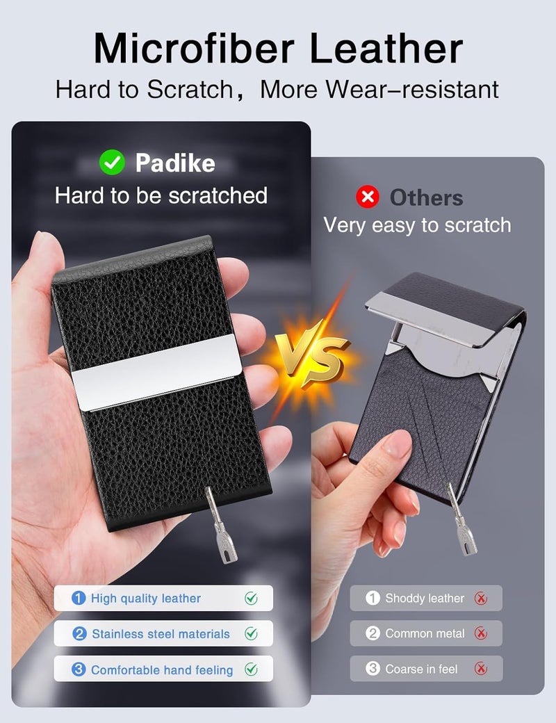 Padike Professional Business Card Holder PU Leather Business Card Case Name Card Holder Slim Metal Pocket Card Holder with Magnetic Shut (Black) - Image 3