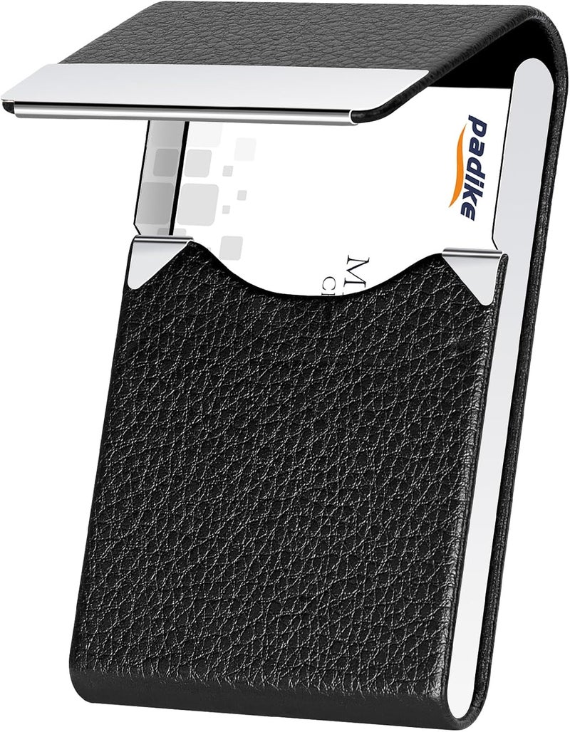 Padike Professional Business Card Holder PU Leather Business Card Case Name Card Holder Slim Metal Pocket Card Holder with Magnetic Shut (Black) - Image 1