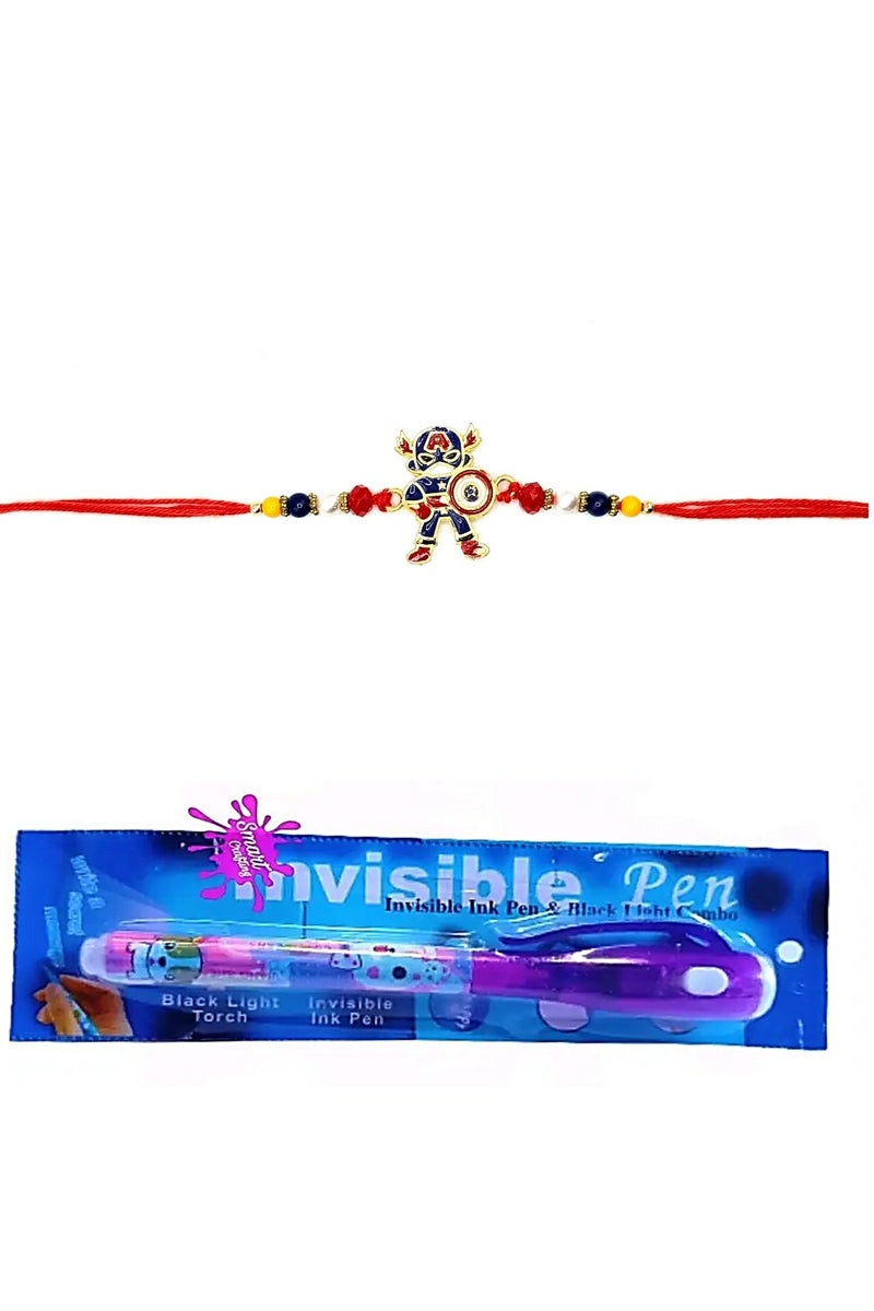Shreeji Kids Rakhi Gift Combo – Cartoon Rakhi for Boys with Invisible Ink Spy Pen & UV Light – Fun & Unique Rakhi for Children, Bhaiya Rakhi Gift Idea (CAPTAIN AMERICA) - Image 1