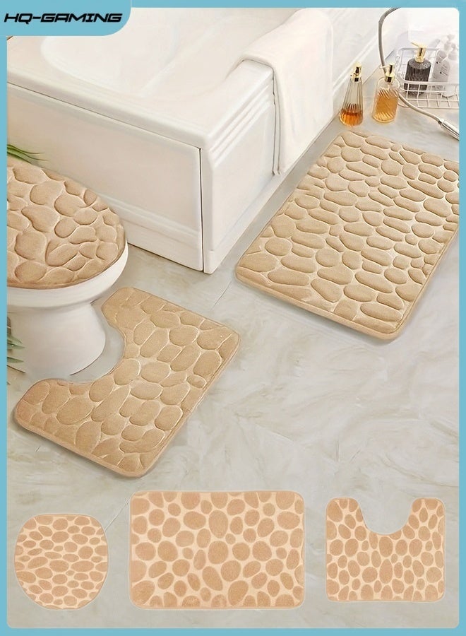 HQ-GAMING Bathroom Rugs Set 3 Piece, Cobblestone Flannel Bathroom Mats Set Extra Thick, Non Slip Bath Mats for Bathroom, Anti-Slip Mat Pebble Floor Mat, Water Absorbent, Washable Bath Rugs for Tub, Toilet and Floor (Beige) - Image 1