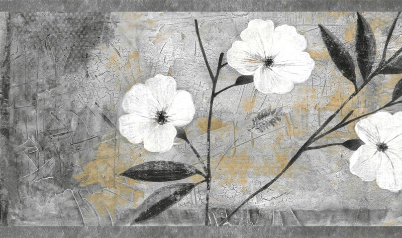 Dundee Deco Wallpaper Border Peel and Stick BD6054 Floral White, Gray, Brown, Black Abstract Flowers Wall Border Retro Design, 15 ft x 7 in (4.57m x 17.78cm), Self Adhesive - Image 1