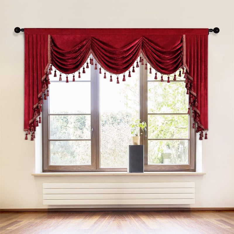 ELKCA Thick Chenille Window Curtains Valance for Holiday Burgundy Red Waterfall Valance for BedroomRod Pocket W79 1 Panel