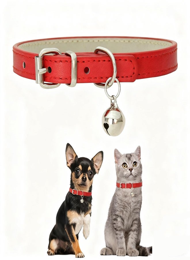 cyhaen Red Small Dog Collar with Bell,Kitten Collars with Bell,Soft Pu Leather Puppy Collar Adjustable Buckle for XXS Extra Small Medium Tiny Male Boys Pets Puppy Kitten Chihuahua S - Image 1