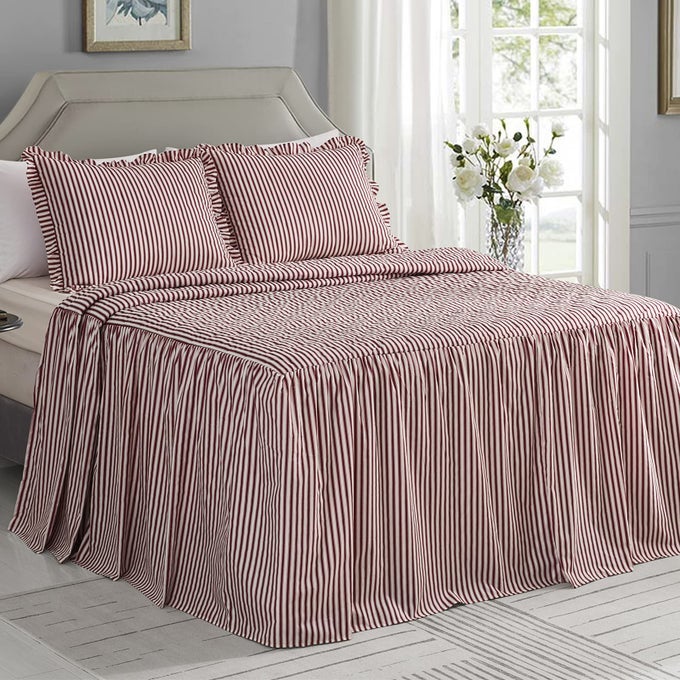 TICKING STRIPE RUFFLE SKIRT BEDSPREAD QUEEN SIZE 30 LONG DROP SHABBY CHIC STYLE LIGHTWEIGHT BEDDING COVER 3 PIECE SET BURGUNDY RED