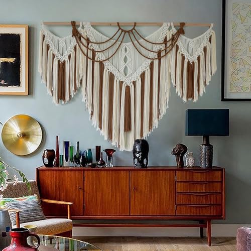 IOWER Boho Woven Wall Hanging Handwoven Brown and White Geometric Tapestry Handmade Macrame Decor for Modern Bedroom Living Room Apartment Office Home 47" W x 35" L - Image 3