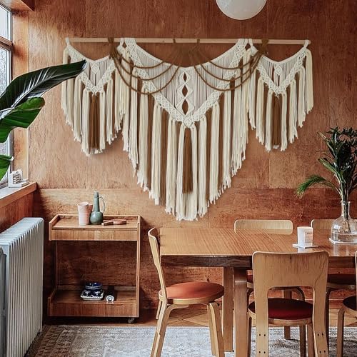 IOWER Boho Woven Wall Hanging Handwoven Brown and White Geometric Tapestry Handmade Macrame Decor for Modern Bedroom Living Room Apartment Office Home 47" W x 35" L - Image 2