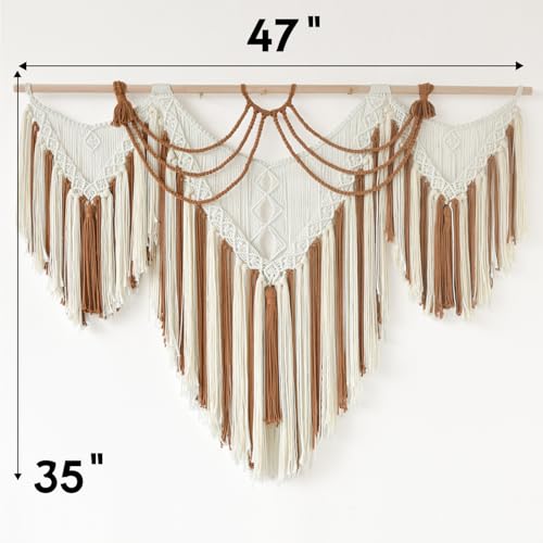 IOWER Boho Woven Wall Hanging Handwoven Brown and White Geometric Tapestry Handmade Macrame Decor for Modern Bedroom Living Room Apartment Office Home 47" W x 35" L - Image 4