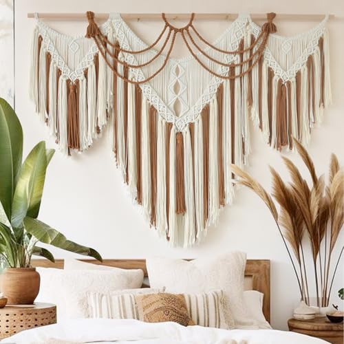IOWER Boho Woven Wall Hanging Handwoven Brown and White Geometric Tapestry Handmade Macrame Decor for Modern Bedroom Living Room Apartment Office Home 47" W x 35" L - Image 1