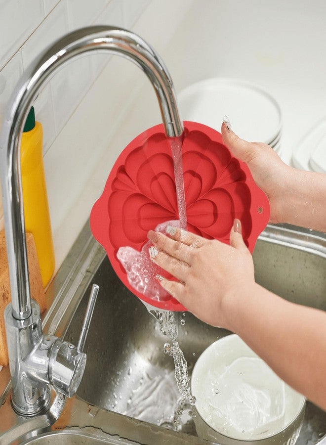 Ysqool 1Pc Silicone Flower Shaped Cake Mold, 8 In Large Round Cake Pan Nonstick Floral Silicone Molds for Baking Cake, Breads, Pies, Tarts, Jello Mold for DIY, Birthday, Anniversary, Party, Red (Love Flower) - Image 4