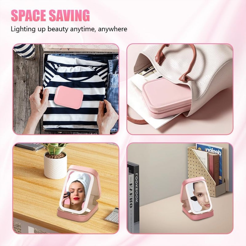 Makeup Bag with LED Mirror Travel,Makeup Storage Case,Cosmetics Case Makeup Box Jewelry Organizer Portable with Mirror and Light for Girl Women,3 Color Lights (Pink) - Image 2