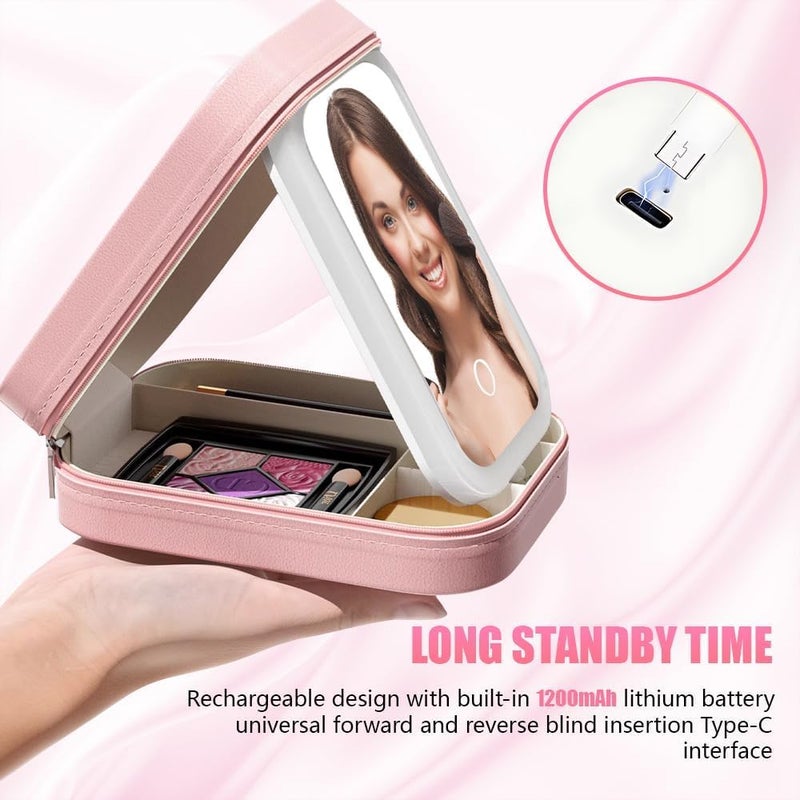 Makeup Bag with LED Mirror Travel,Makeup Storage Case,Cosmetics Case Makeup Box Jewelry Organizer Portable with Mirror and Light for Girl Women,3 Color Lights (Pink) - Image 1