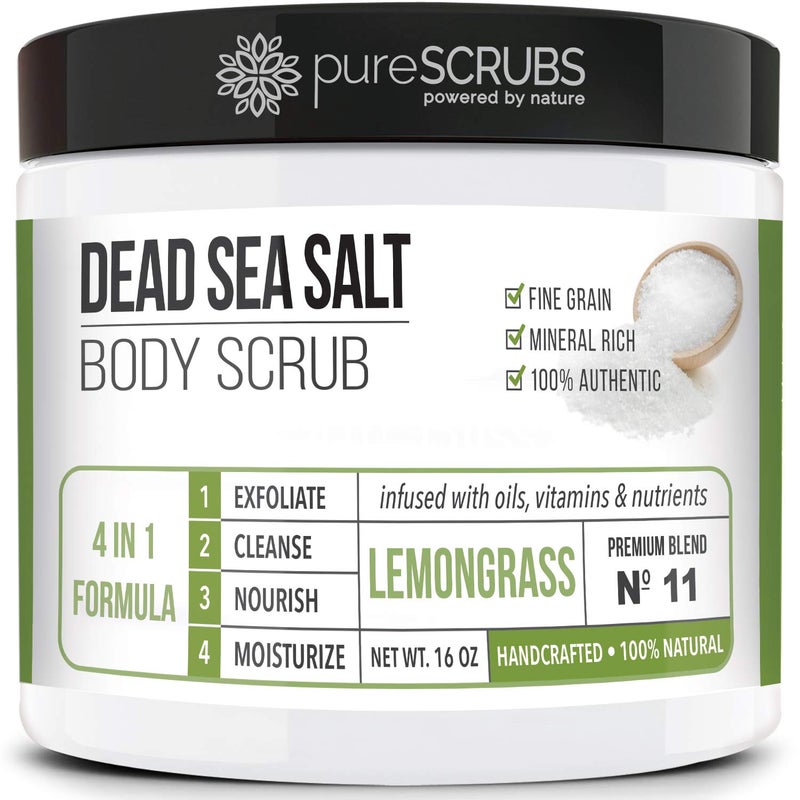 pureSCRUBS Premium Lemongrass Dead Sea Salt Body Exfoliator Scrub Full Exfoliating Body Scrubber  Large 16oz Jar Filled With Essential Oils Includes Spoon Loofah  Exfoliating Skin Soap