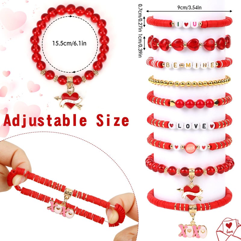 JULMELON 9PCS Valentineâ€™s Day Bracelets for Women, Cute Handmade Clay Bead Letter Red Stackable Stretch Elastic Romantic Valentines Day Accessories Valentine Jewelry for Festive Party Gifts - Image 4