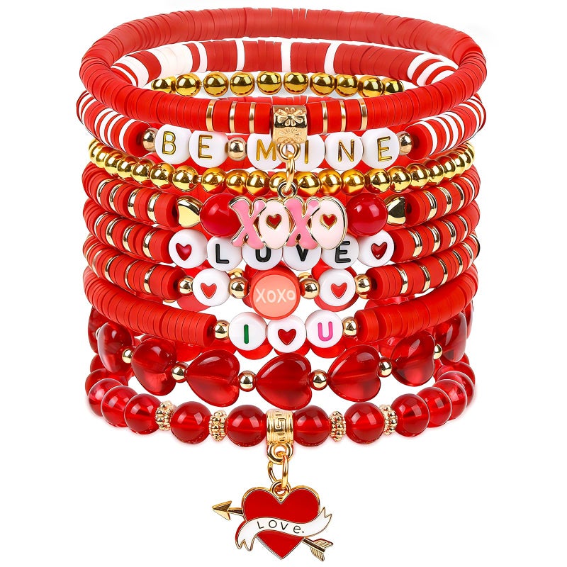 JULMELON 9PCS Valentineâ€™s Day Bracelets for Women, Cute Handmade Clay Bead Letter Red Stackable Stretch Elastic Romantic Valentines Day Accessories Valentine Jewelry for Festive Party Gifts - Image 1