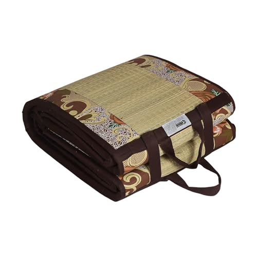 KALA DARSHAN Crafts BAZAAR - Foldable Mat with Korai River Grass Chatai 2.5 X 6 Feet 15MM Soft Foam Brown Cotton Fabric, Reduced Back Pain Portable - Image 1