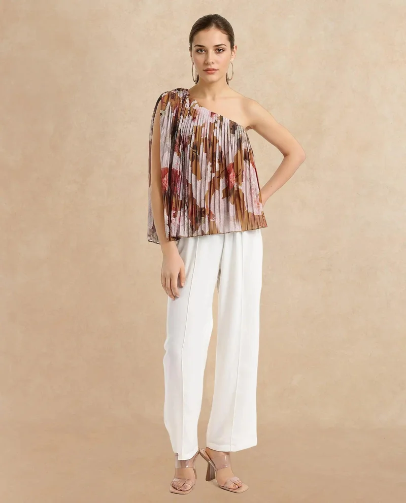 Rareism Women's One Shoulder Floral Print Top