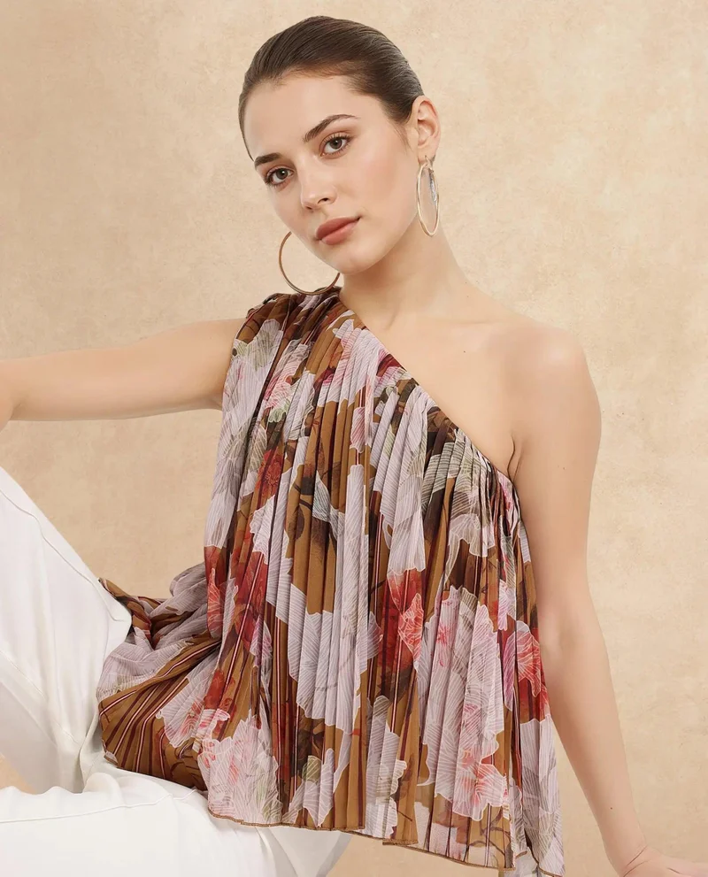 Rareism Women's One Shoulder Floral Print Top