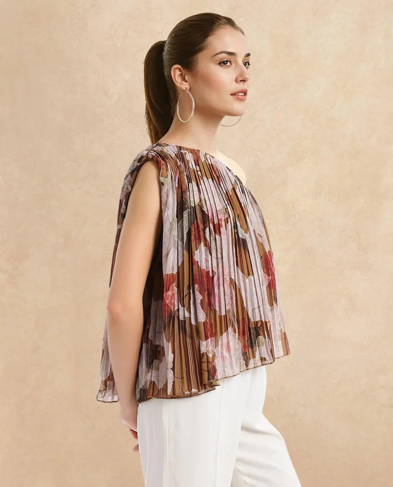 Rareism Women's One Shoulder Floral Print Top