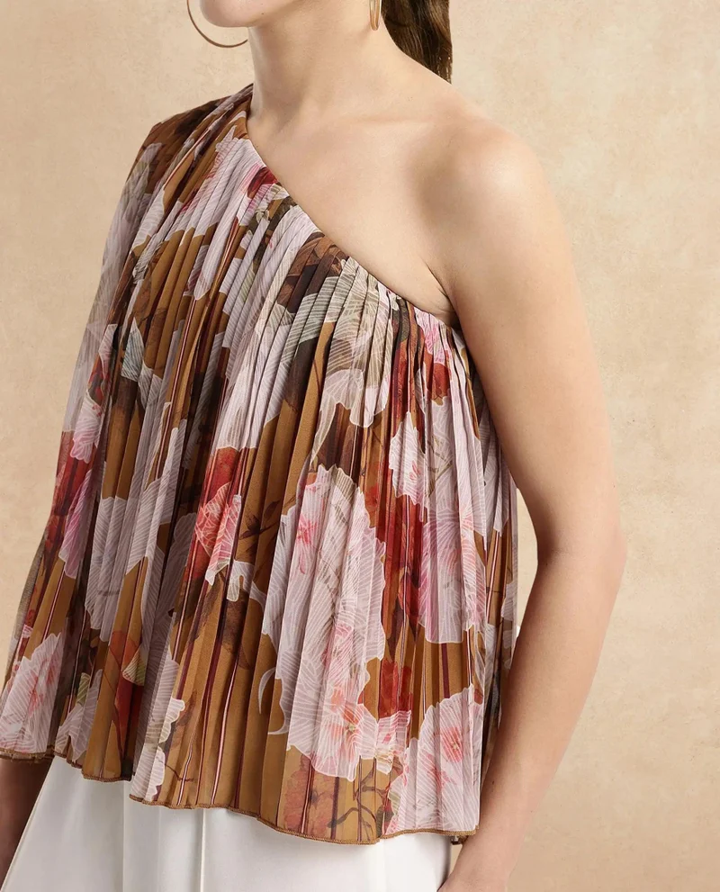 Rareism Women's One Shoulder Floral Print Top