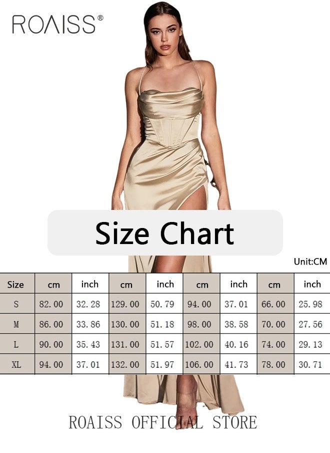 roaiss - Banquet Party  Suspender Apricot Dress for Women Evening Dresses Side Slit Backless Long-Length Prom Ball Gown Elegant High Waist Slim Dress - Image 1